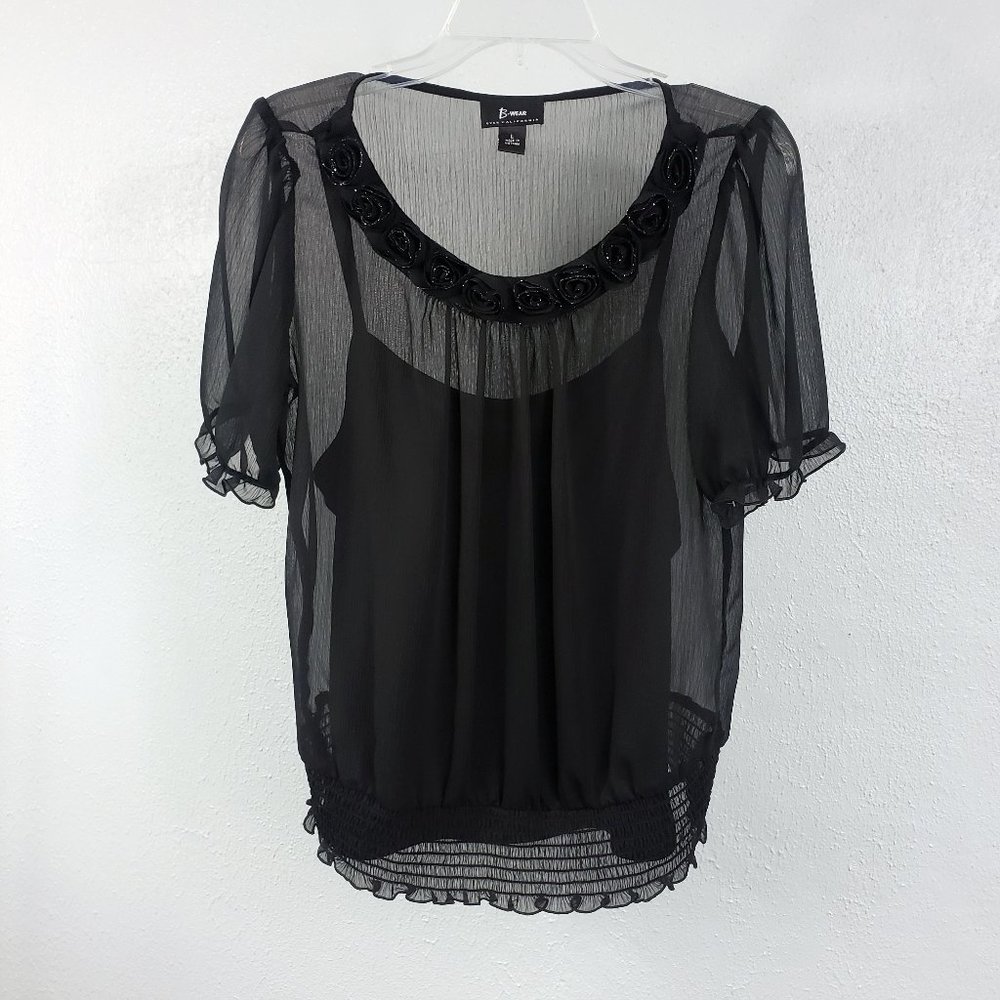 B Wear Women's Black Sheer Floral Short Sleeve Blouse Shirt Tank Top 1 Piece Set